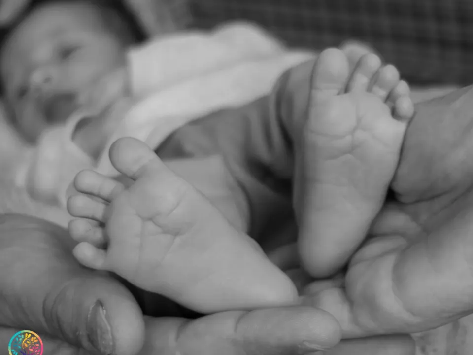Schwarz-Weiß-Foto: Babyfüße in den Händen der Eltern