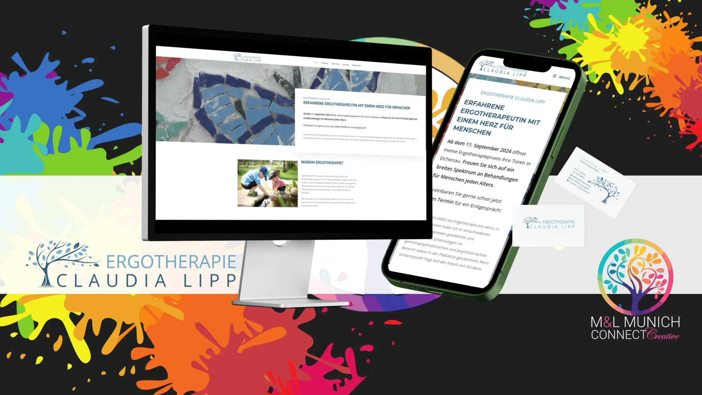 Website und Visitenkarte der Ergotherapie Claudia Lipp auf Laptop, Tablet und Smartphone