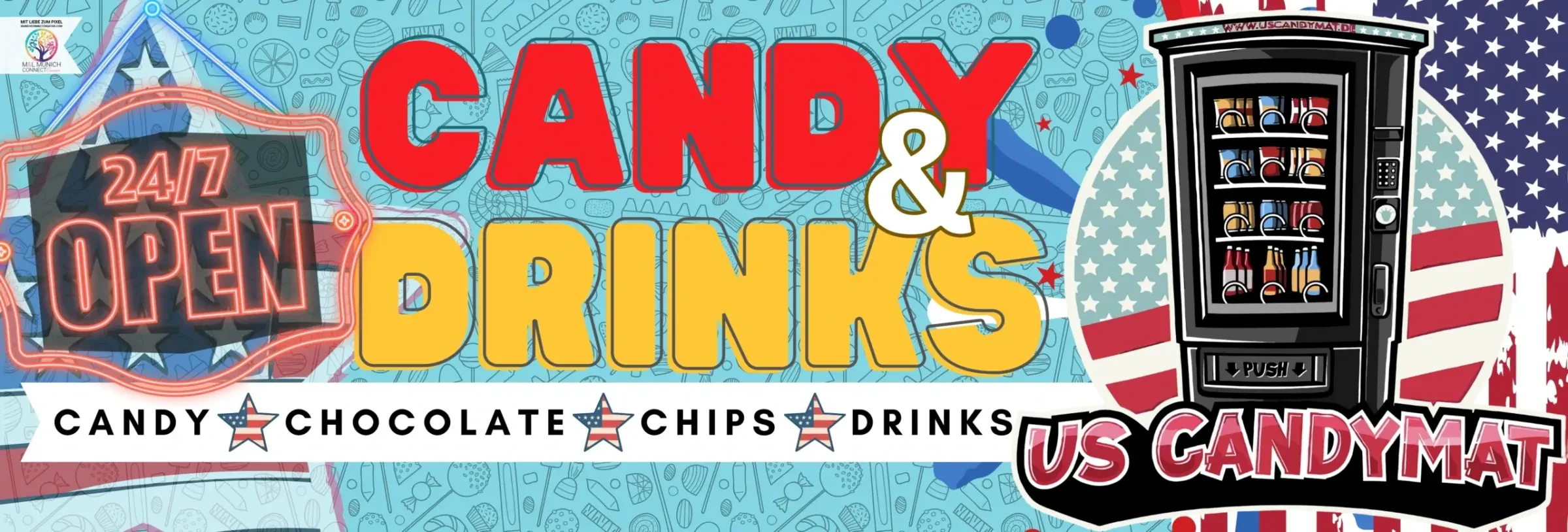 Finales Bannerdesign „Candy & Drinks“ mit US-Flagge
