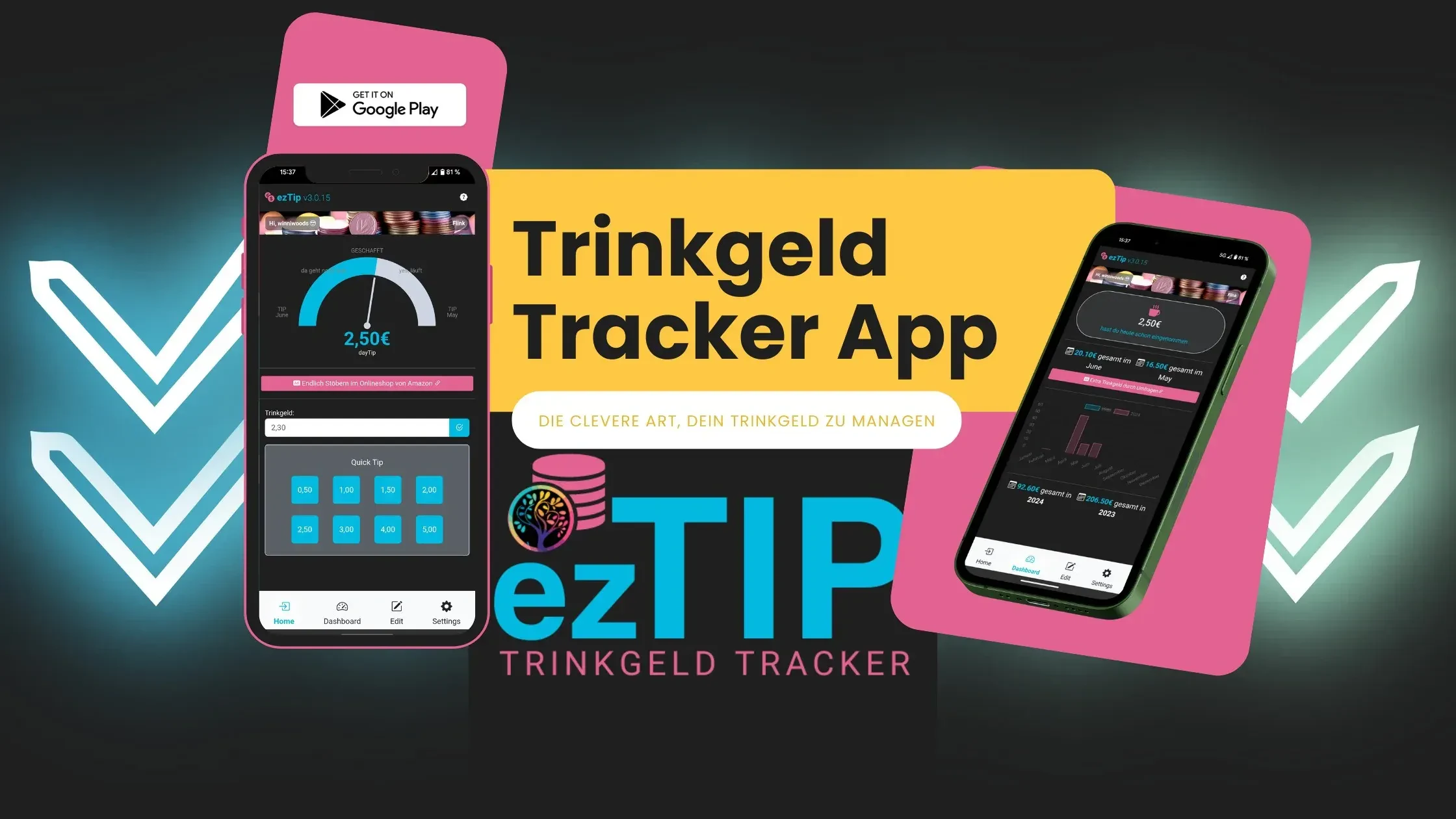 ezTip Trinkgeld-Tracker: zwei Smartphones mit der App, daneben das ezTip-Logo und der Google-Play-Hinweis
