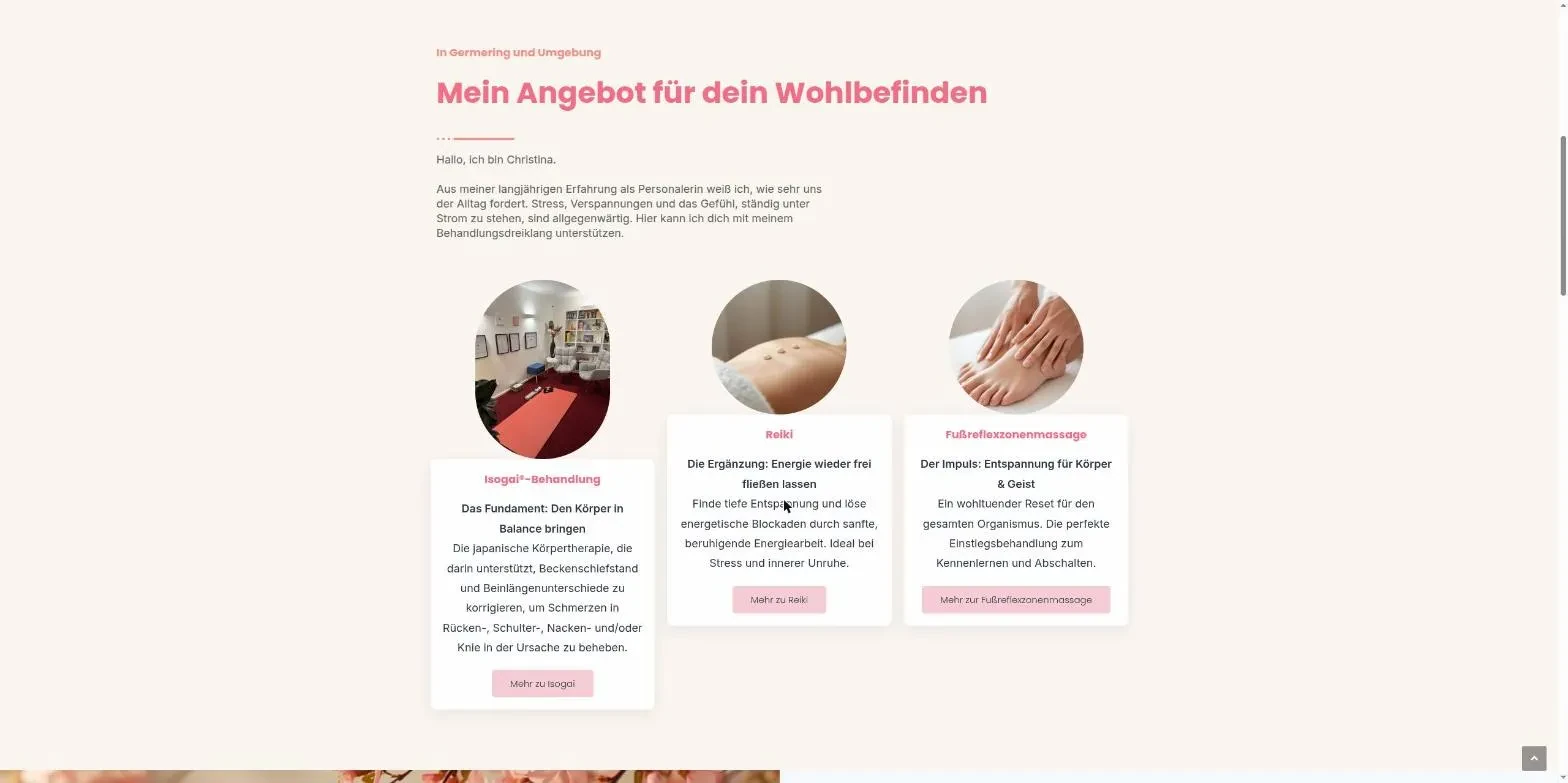 Der Behandlungsdreiklang auf der Website: Karten für Isogai®-Behandlung, Reiki und Fußreflexzonenmassage