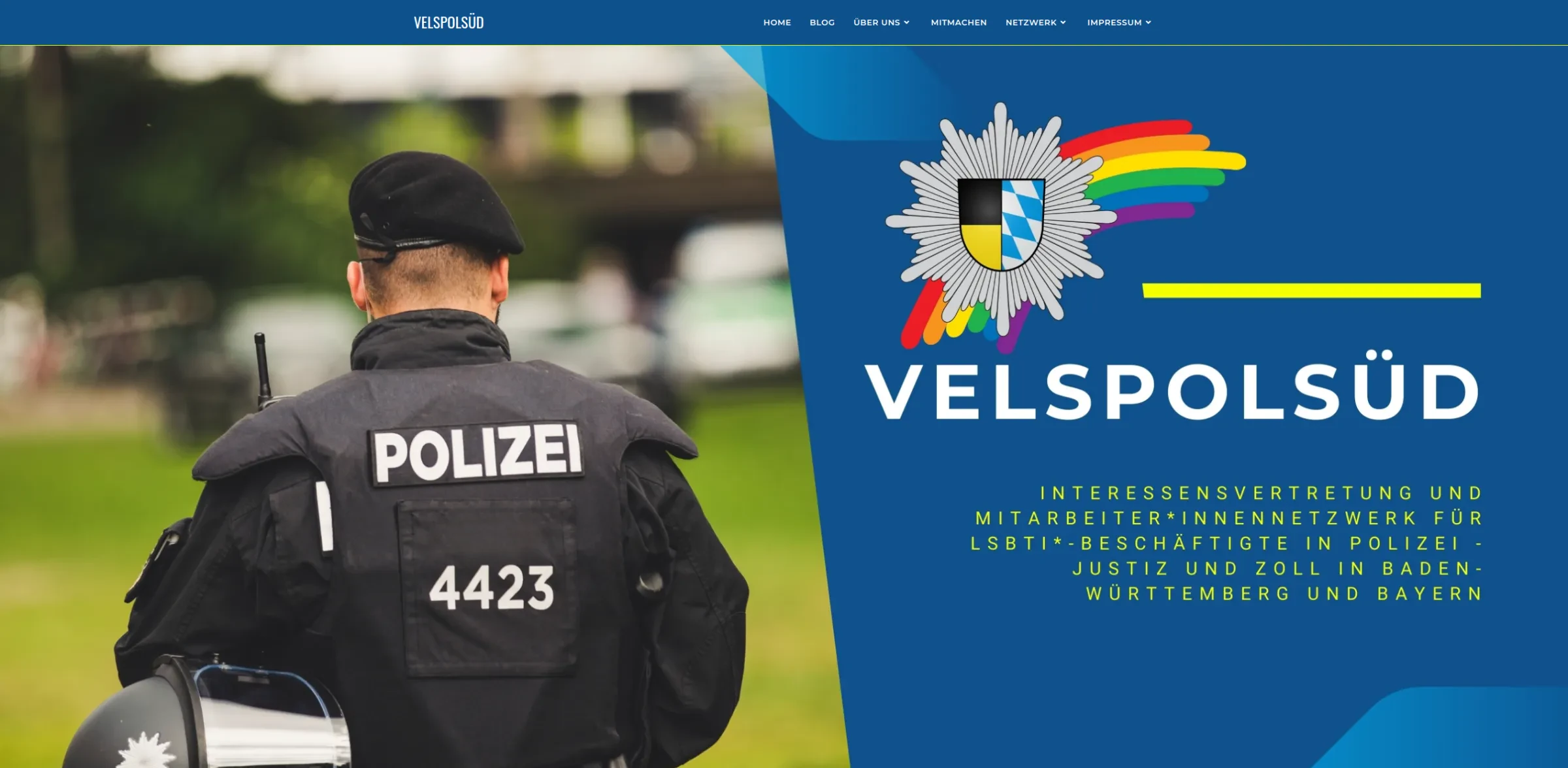 Startseite von VelsPolSÜD mit Logo und Polizist
