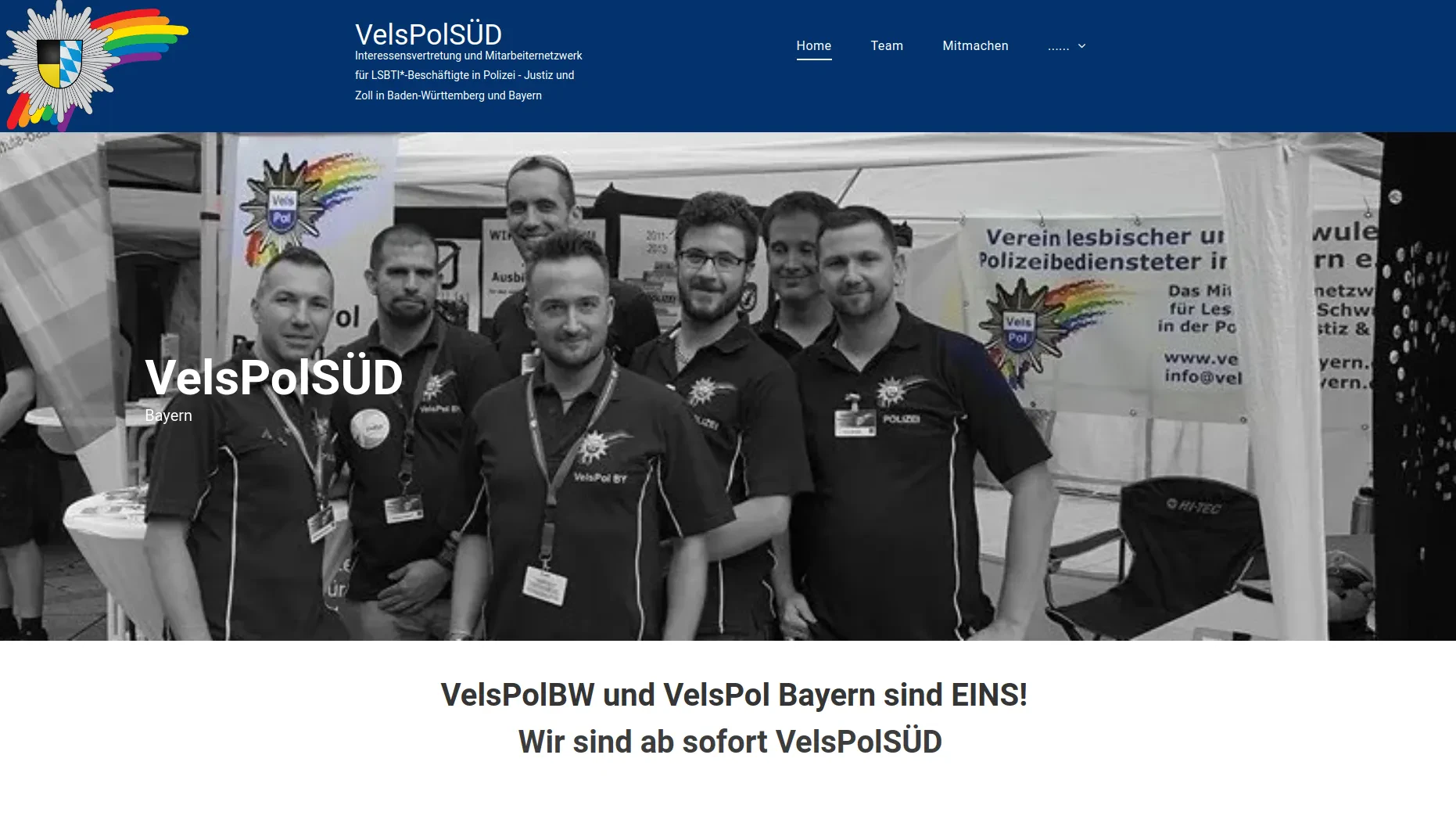 Seite der VelsPolSÜD-Website mit Gruppenfoto der Mitglieder