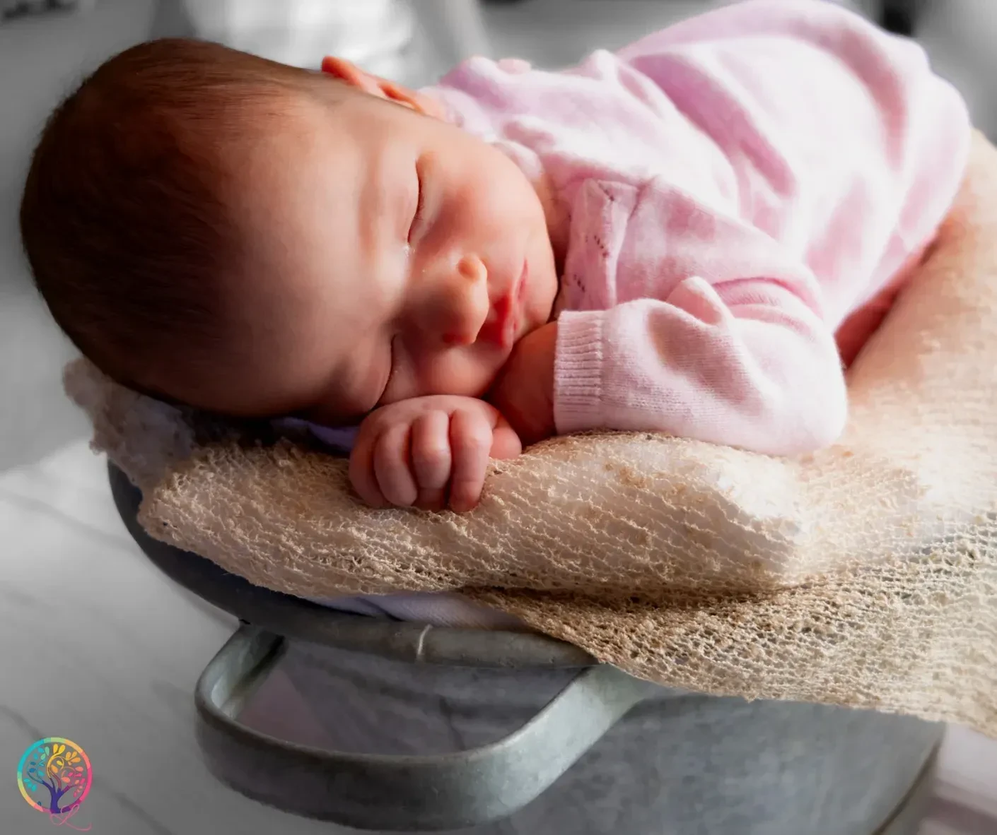 Schlafendes Neugeborenes in rosa Kleidung auf einer Decke